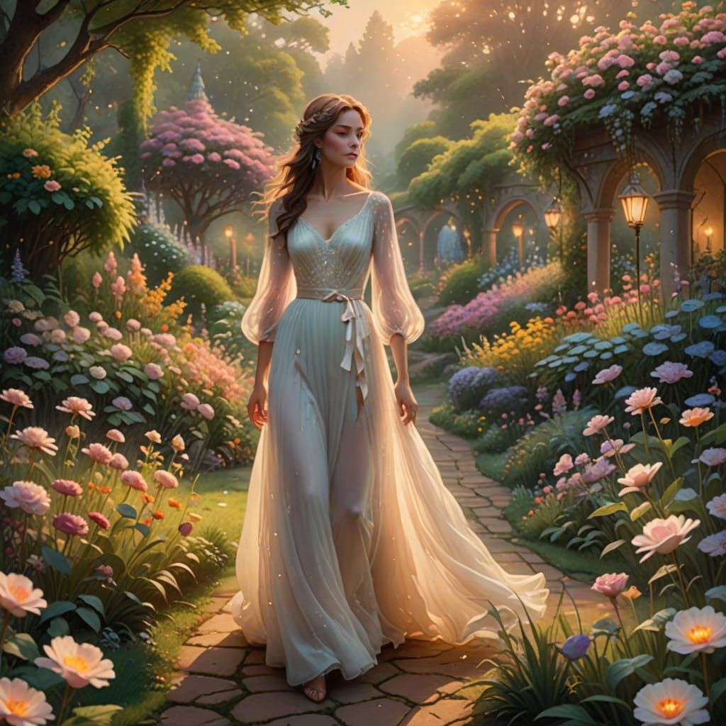 Dreamy Fantasy Garden Scene in Thomas Kinkade Style