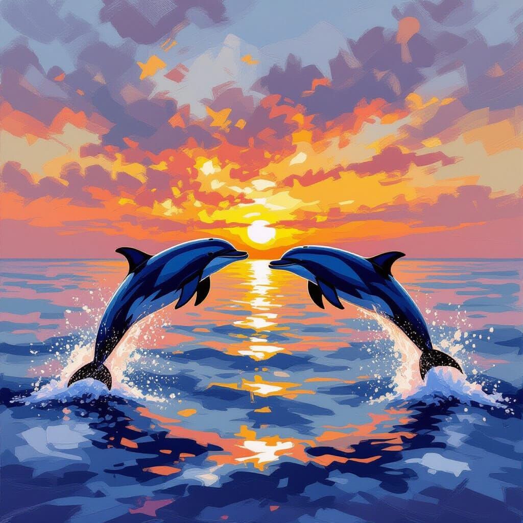 Dolphins at Sunset: Impressionist Seascape