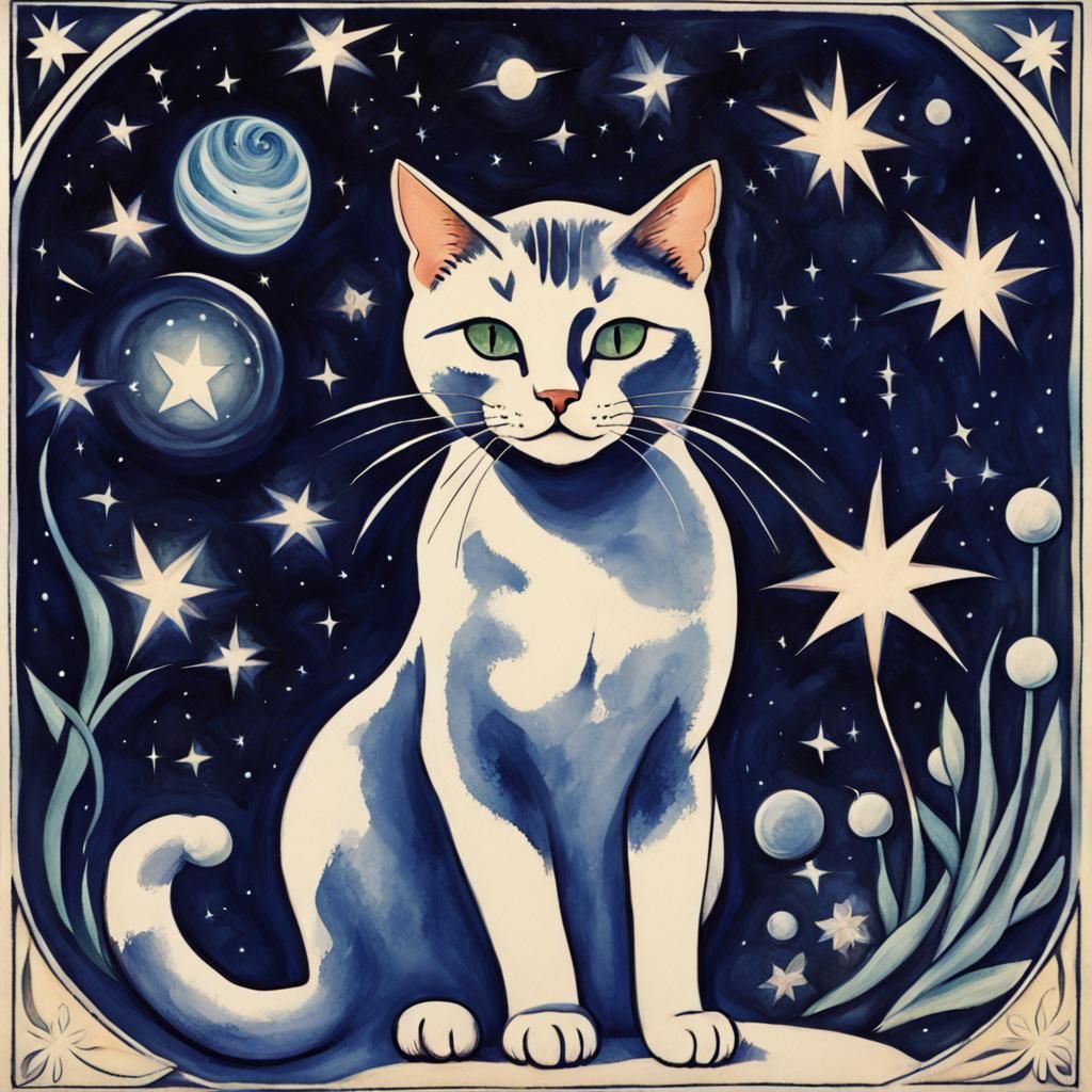 Psychedelic Cat Tarot Card in Art Deco Style