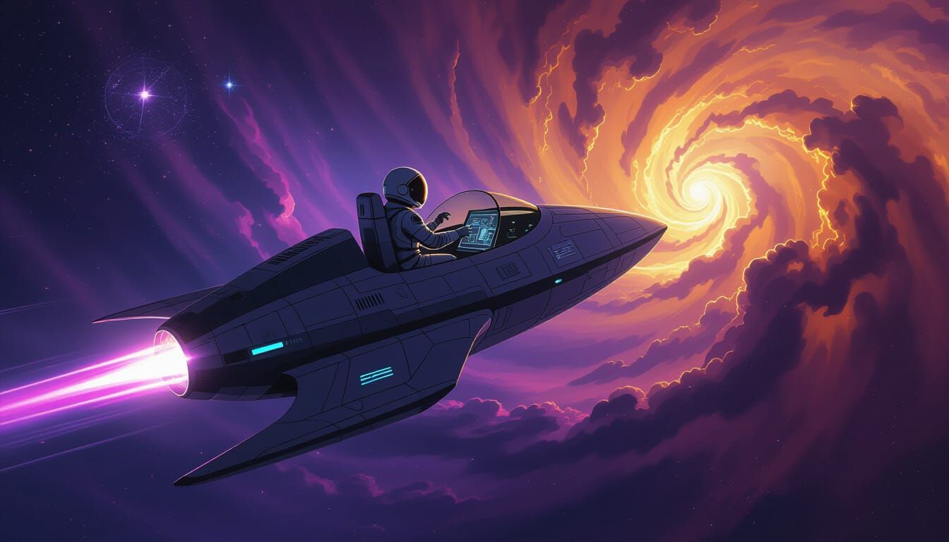 Astronaut Pilots Mechanical Sloth Ship in Cosmic Nebula