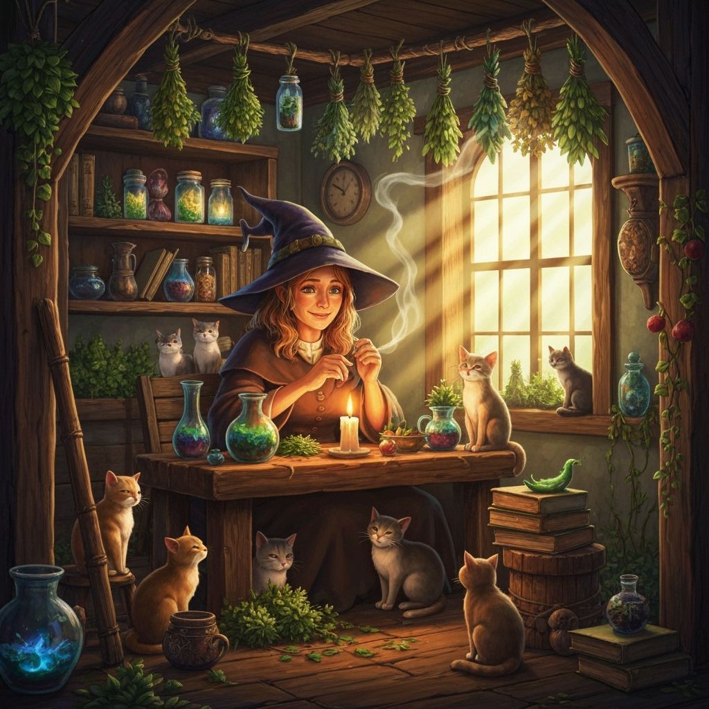 Cozy Cottage Witch Brewing Potions Amidst Cats and Herbs