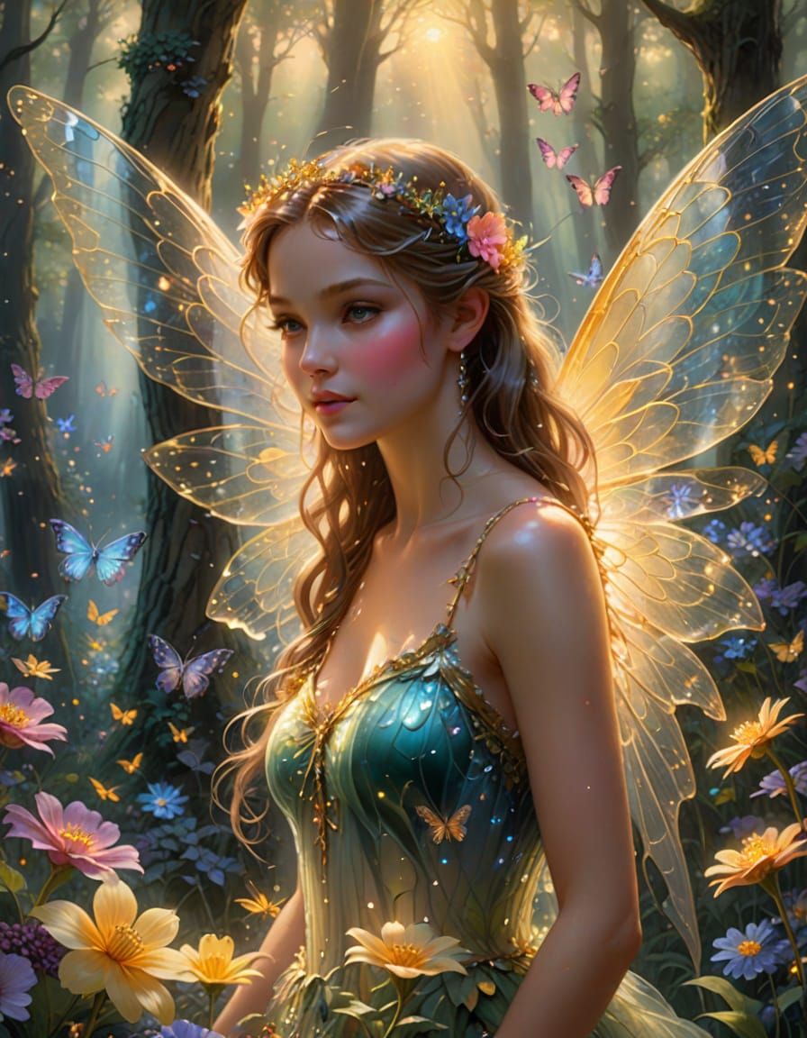 Enchanting Fairy with Translucent Wings in Dreamy Forest