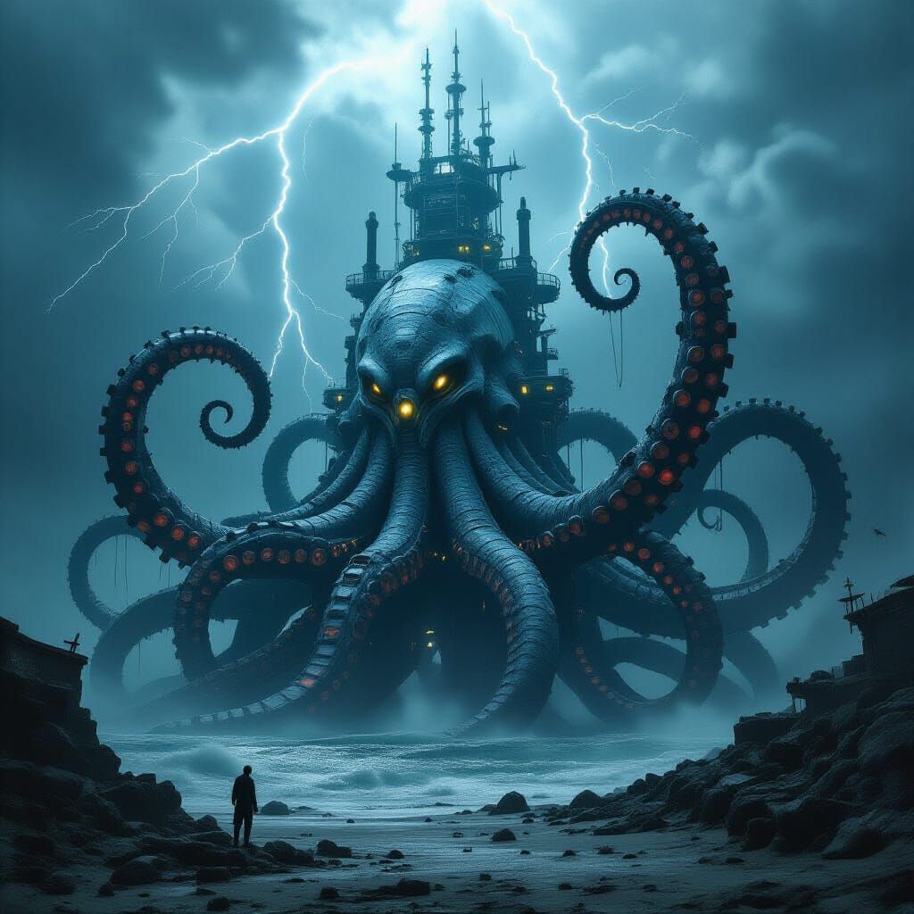 Biomechanical Kraken Supervillain Lair on Stormy Island