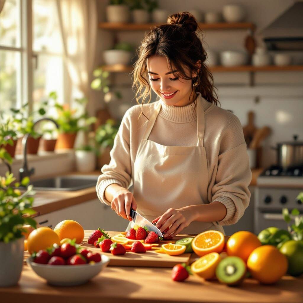 Cozy Kitchen Scene: Slicing Fruits in Digital Art Style