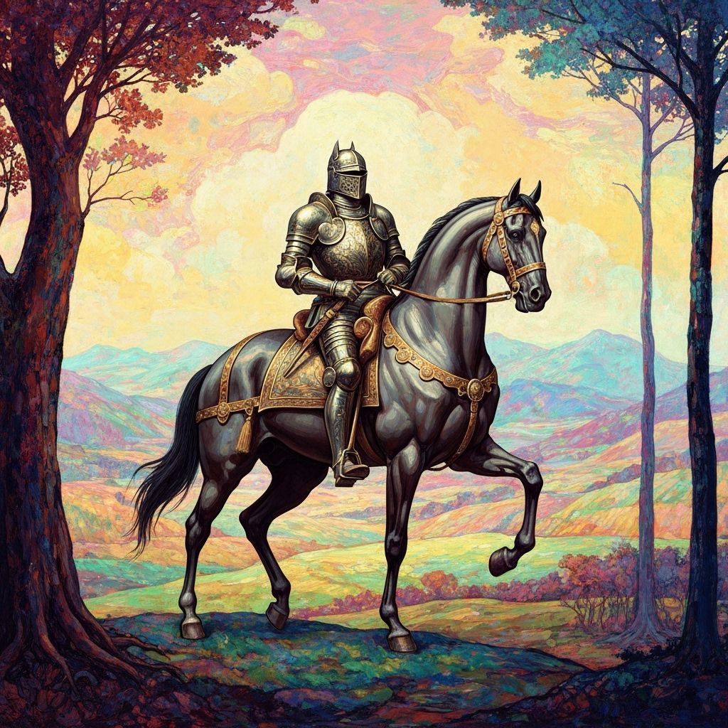 Knight on Horseback in Dreamy, Ethereal Landscape