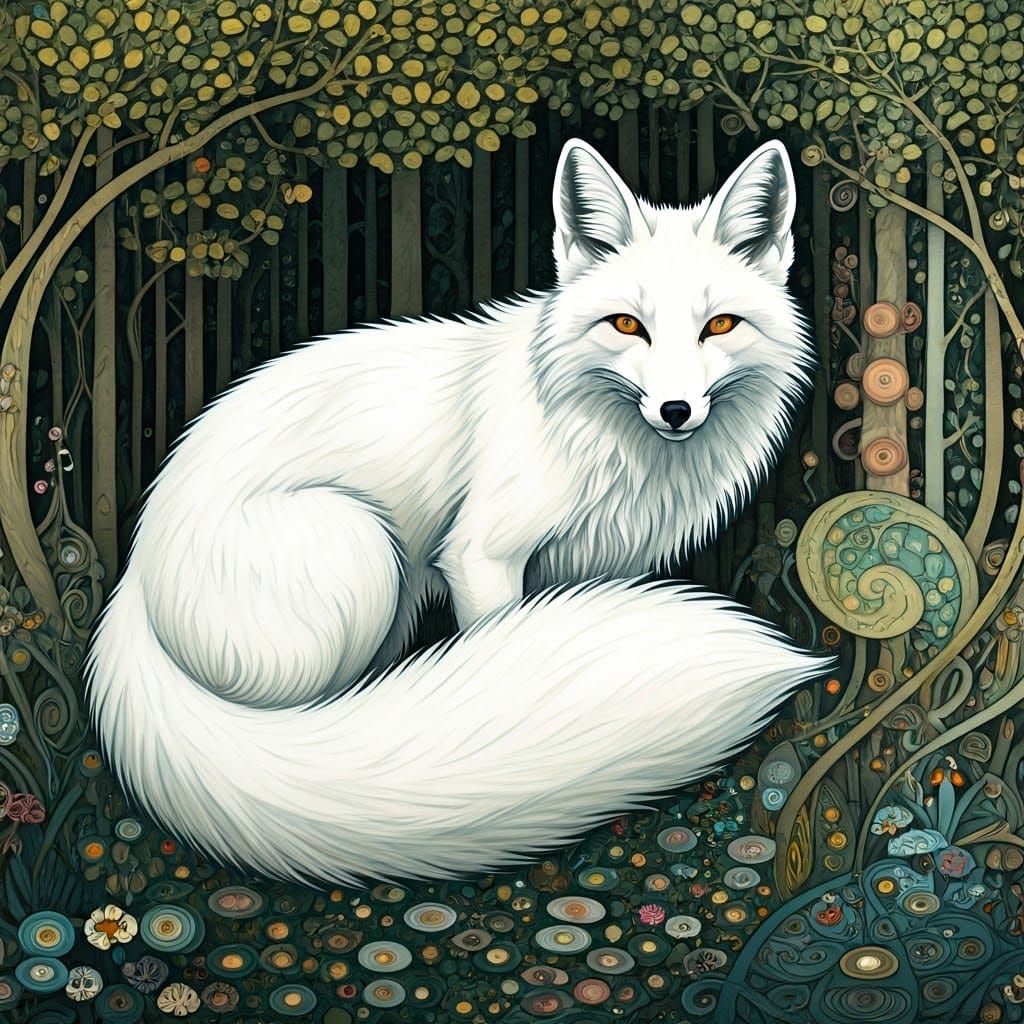White Fox in Forest, Klimt-inspired Ink and Watercolour
