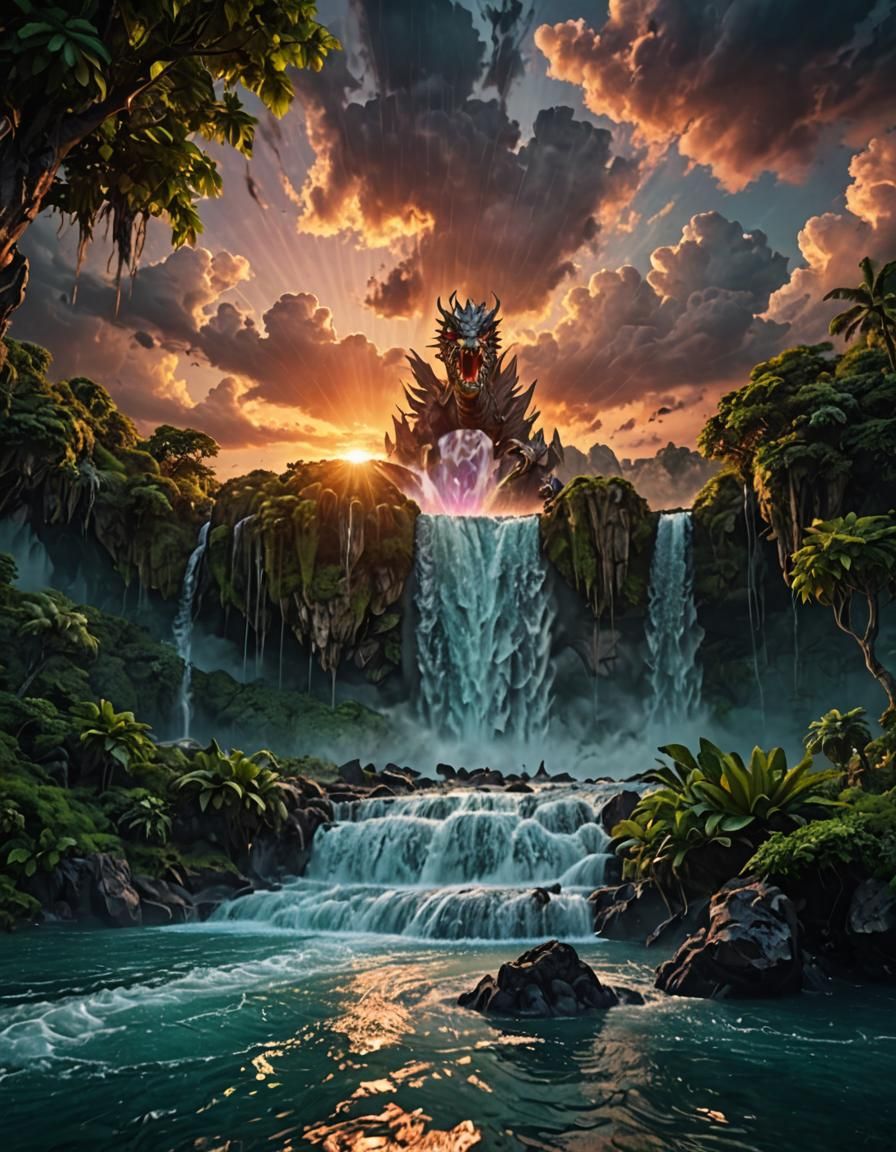 Epic Waterfall Scene with Dragon and Orb