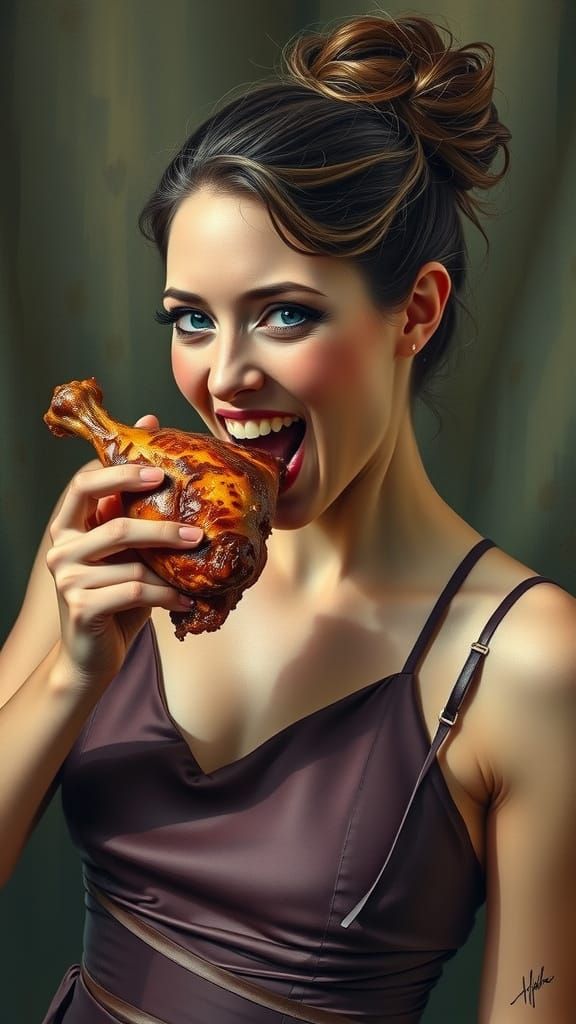 Woman Devouring Chicken Leg with Expressionistic Colors