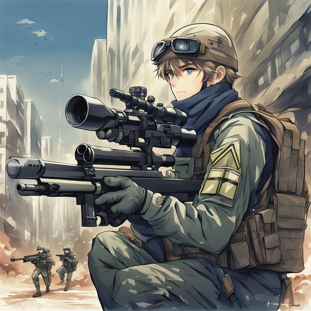 Anime Style Army Gunman Holding Sniper Rifle