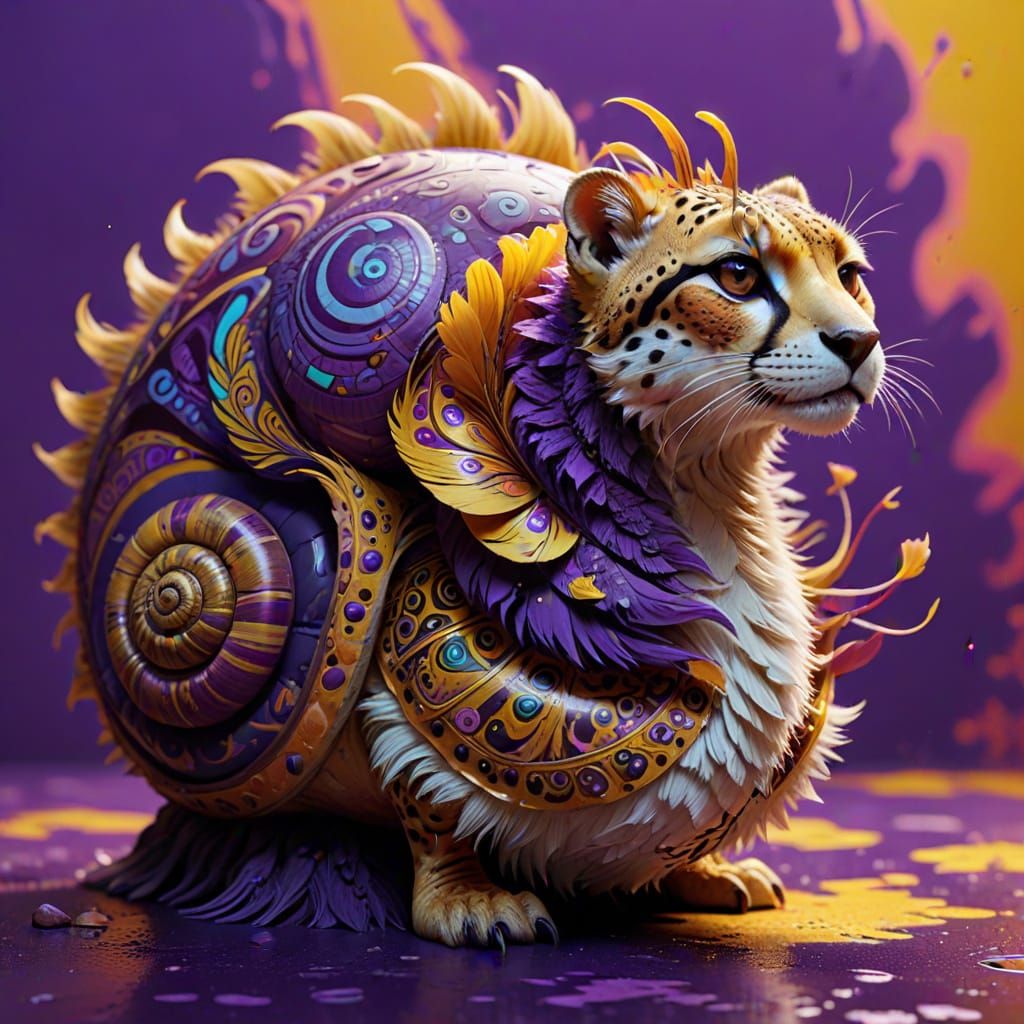 Hyper-Realistic Cheetah-Snail Hybrid in Art Nouveau Style