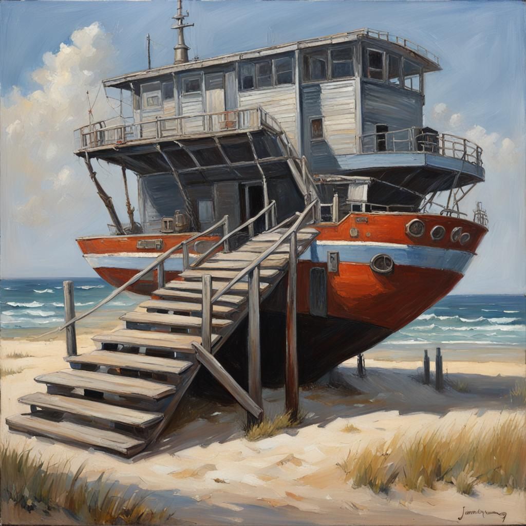Beach Restaurant: Steel Ship Conversion as Oil Painting