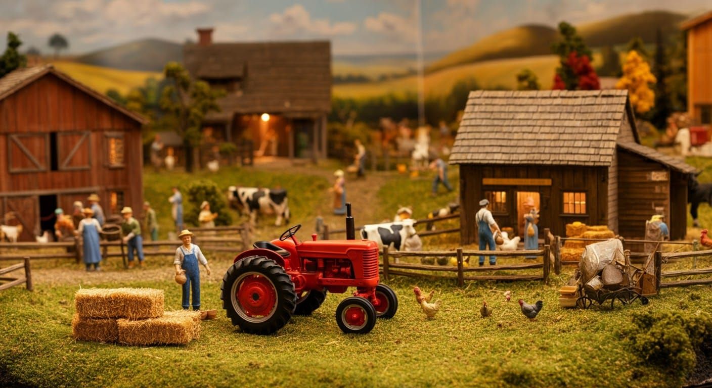 Detailed Miniature Farm Scene with Rustic Charm