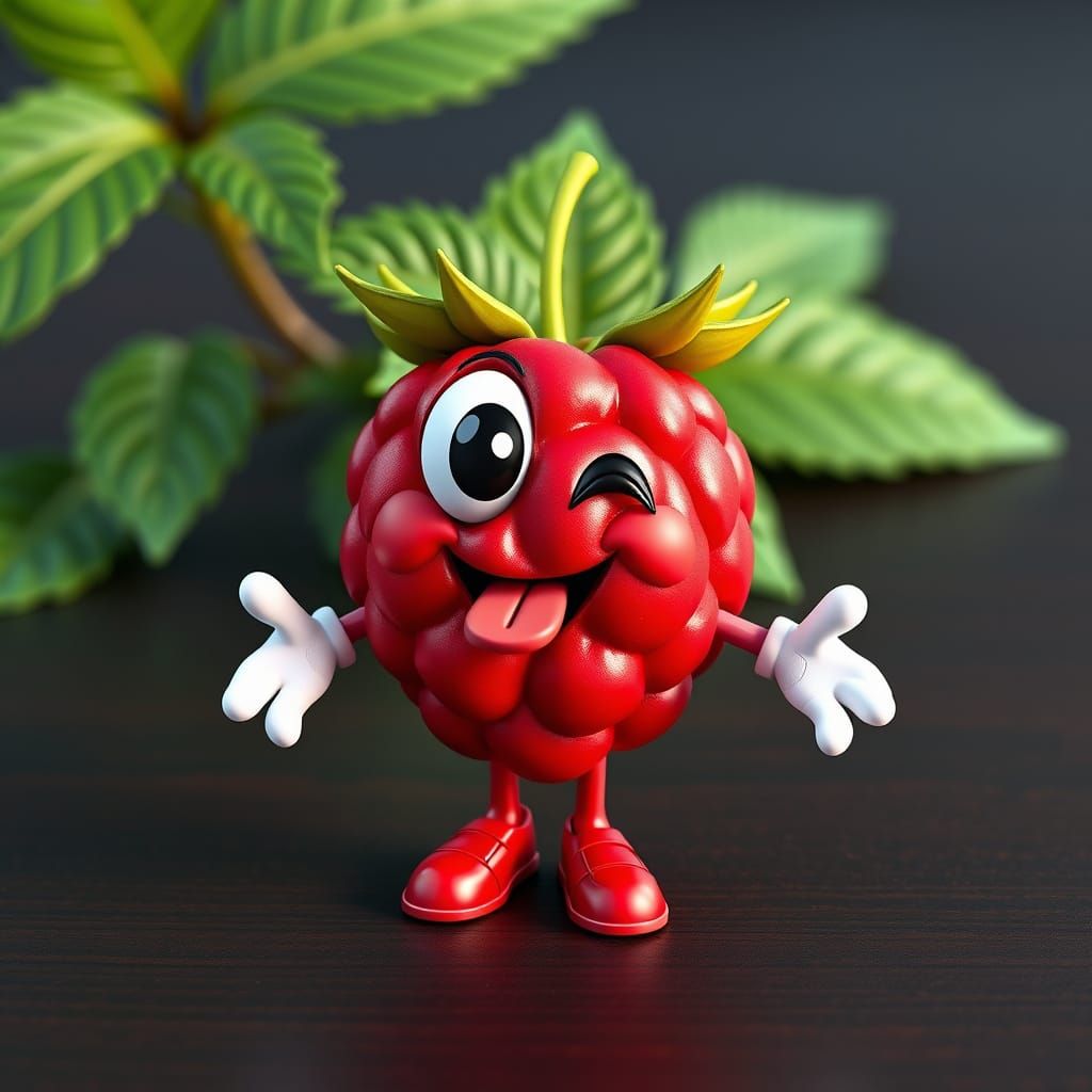 Cartoon raspberry character, vibrant red raspberry shaped like a person, large cartoon eyes, cheerful expression, tongue...