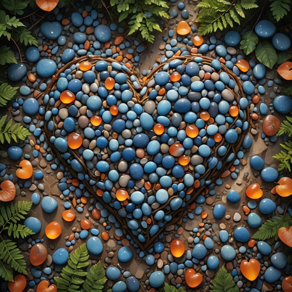 Heart of Pebbles in Misty Forest, as Digital Painting