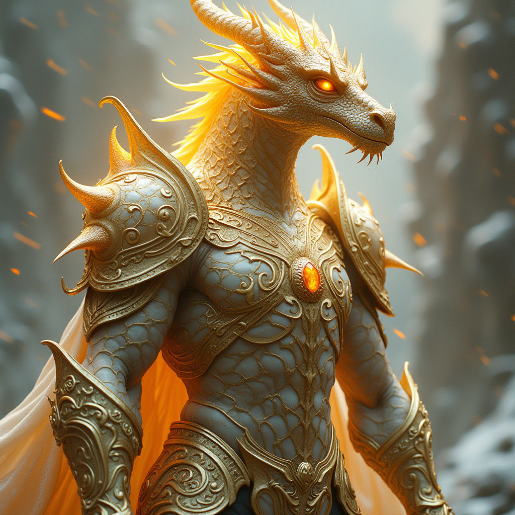 Majestic Dragonborn Warrior in Golden Flame Armor