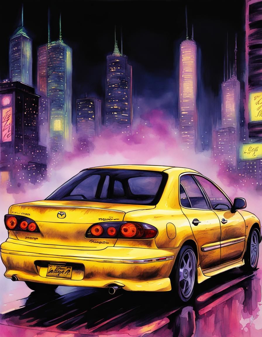 Mazda Drifting in Neon City: Watercolor Illustration