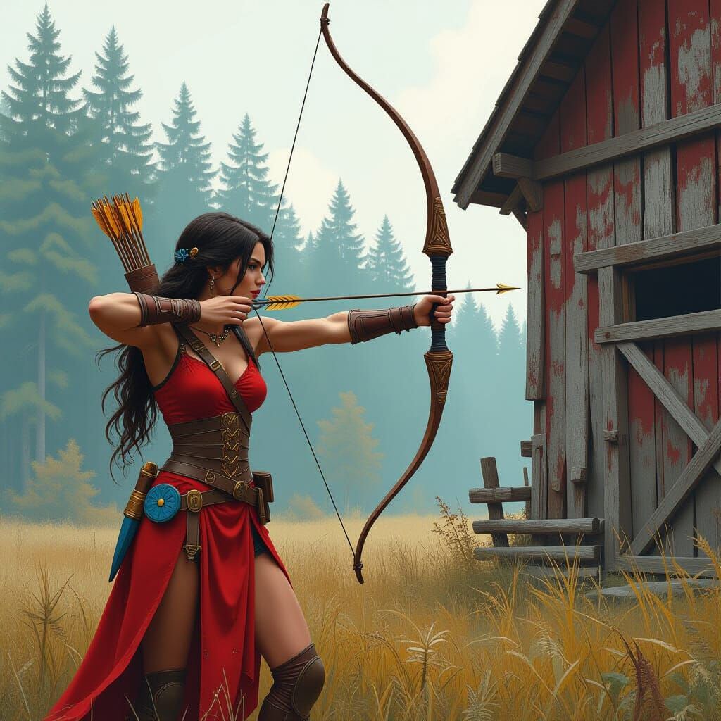 Woman Archer with Blue Bow Beside Rustic Barn