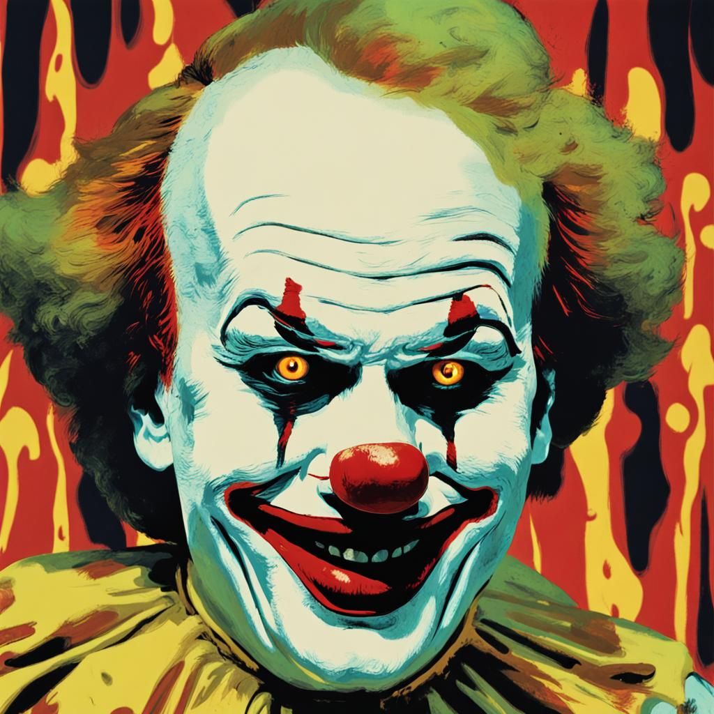 creeppy clown at the burning circus, low color contrast, 8k by Andy warhol , pop art style, andy warhol style, the golde...