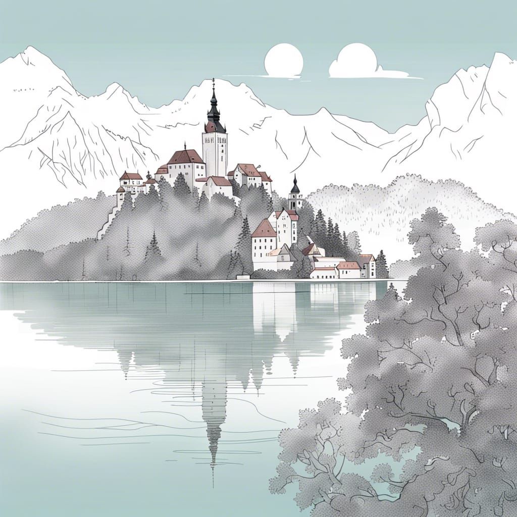 Minimalist Line Drawing of Lake Bled