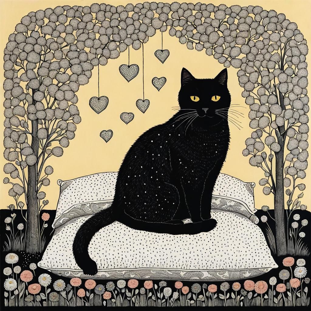 Cute Cat Surrounded by Flowers in Gorey Style