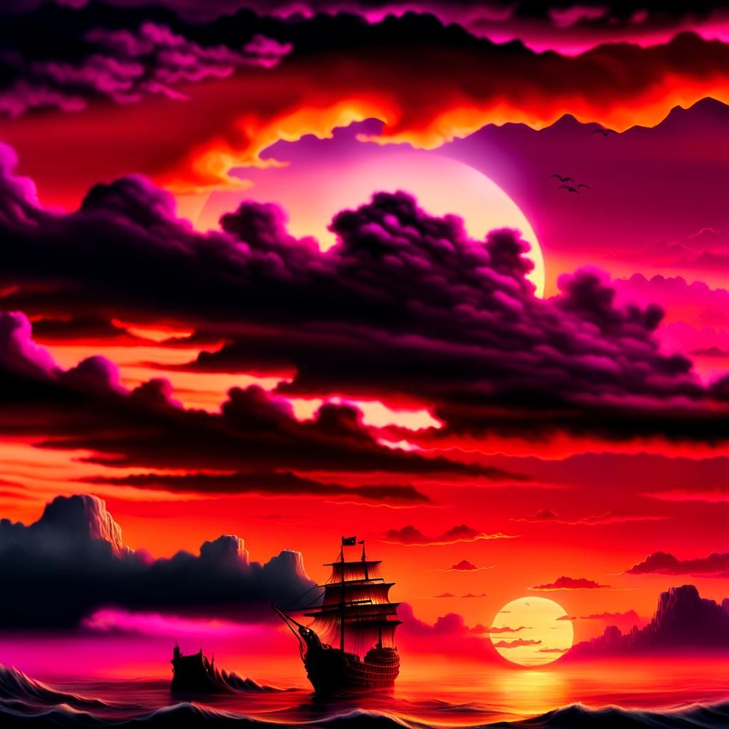 Pirate Ship Sailing Stormy Seas: Dark Fantasy Digital Art
