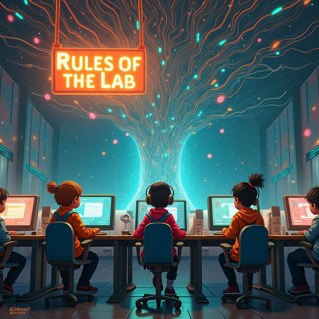 Futuristic Classroom: Children Learning in Neon-Lit Lab