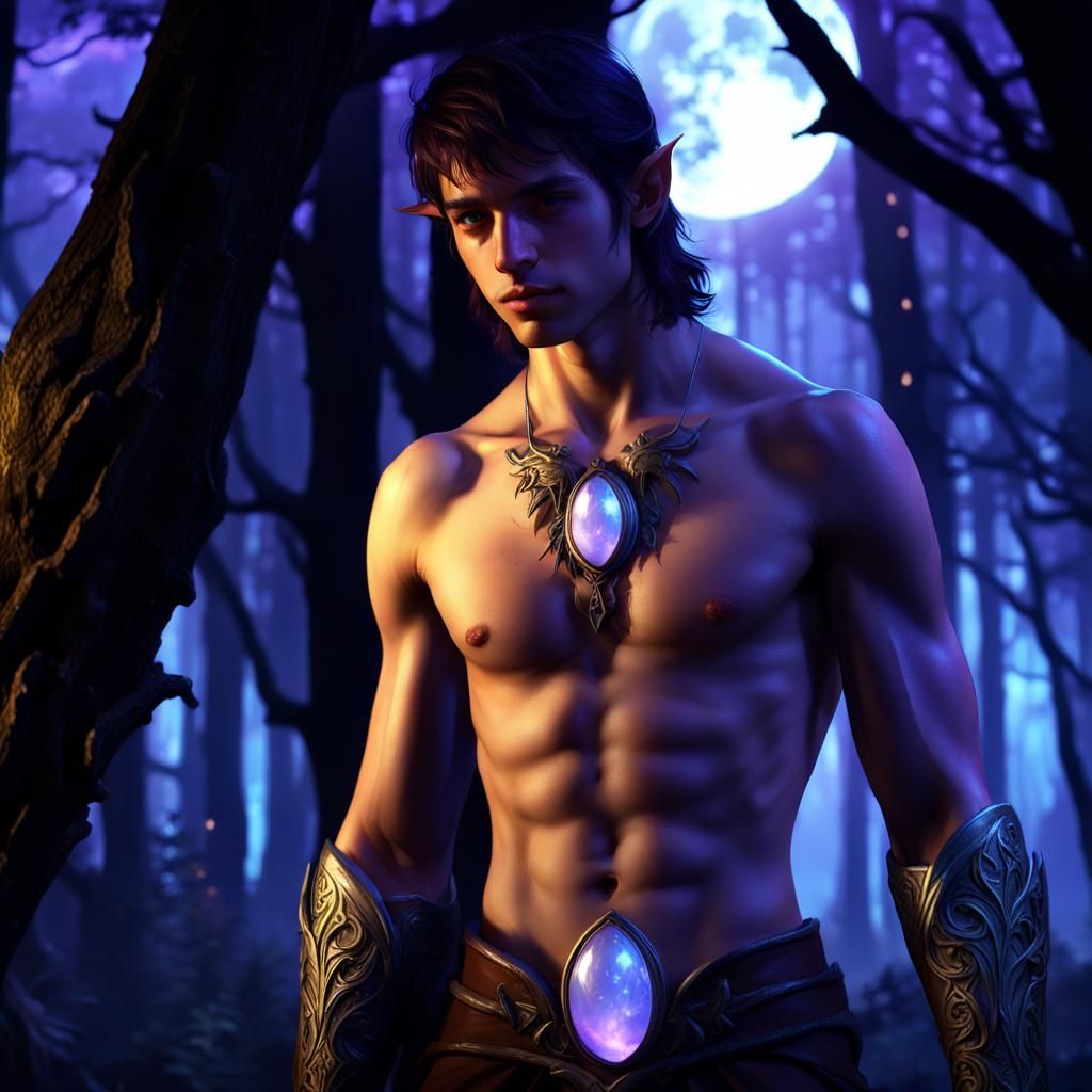 Elven Youth in Moonlit Forest: Dark Fantasy Art