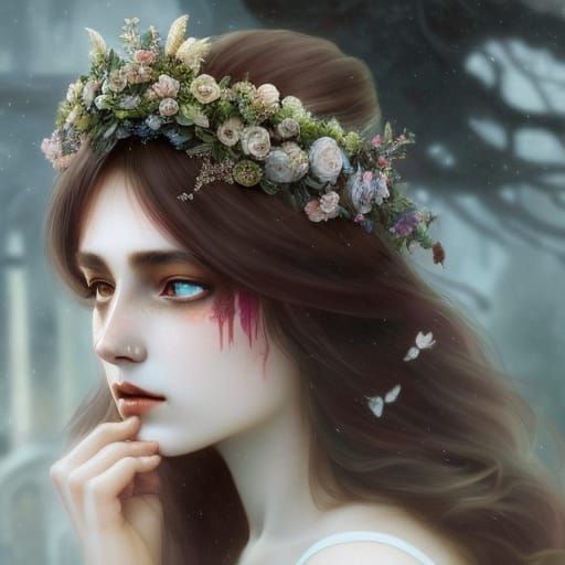 Crying Ghost Bride in Ruined Church: Dark Fantasy Art