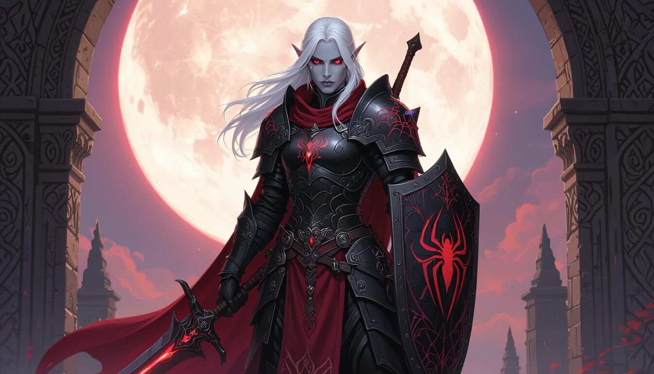 Drow Paladin Guards Labyrinth Entrance Under Eclipsed Moon