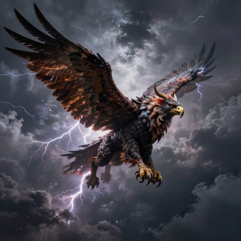 Majestic Griffin Soars Through Storm Cloudscape