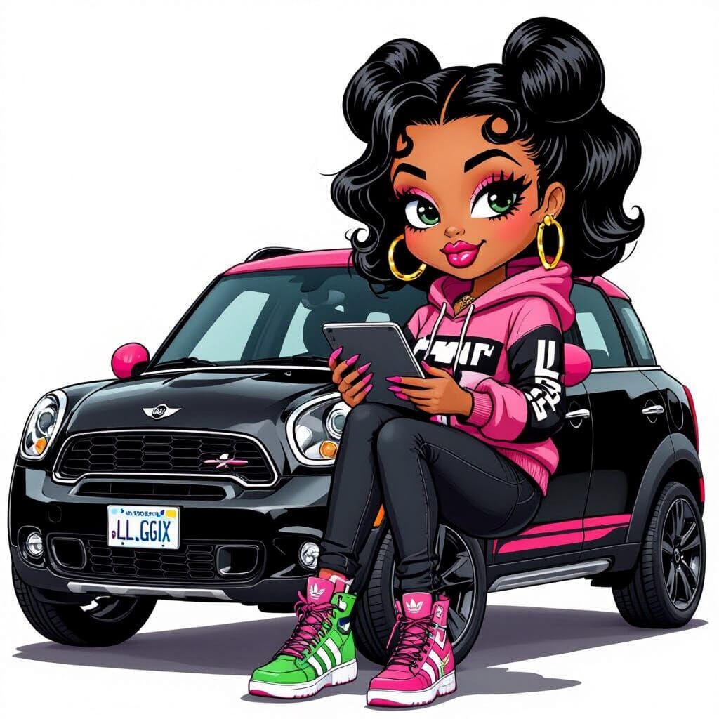 Cartoon Character on Car Hood in Bold Style