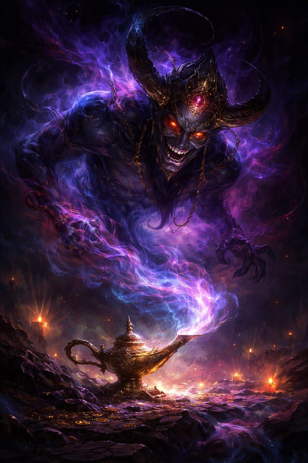 Evil Genie Emerges From Lamp in Dark Fantasy Style