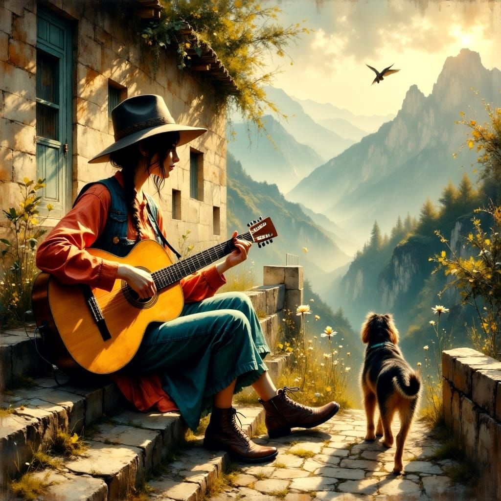 Charismatic Oil Painting of Happy Hippy Musician Girl with D...