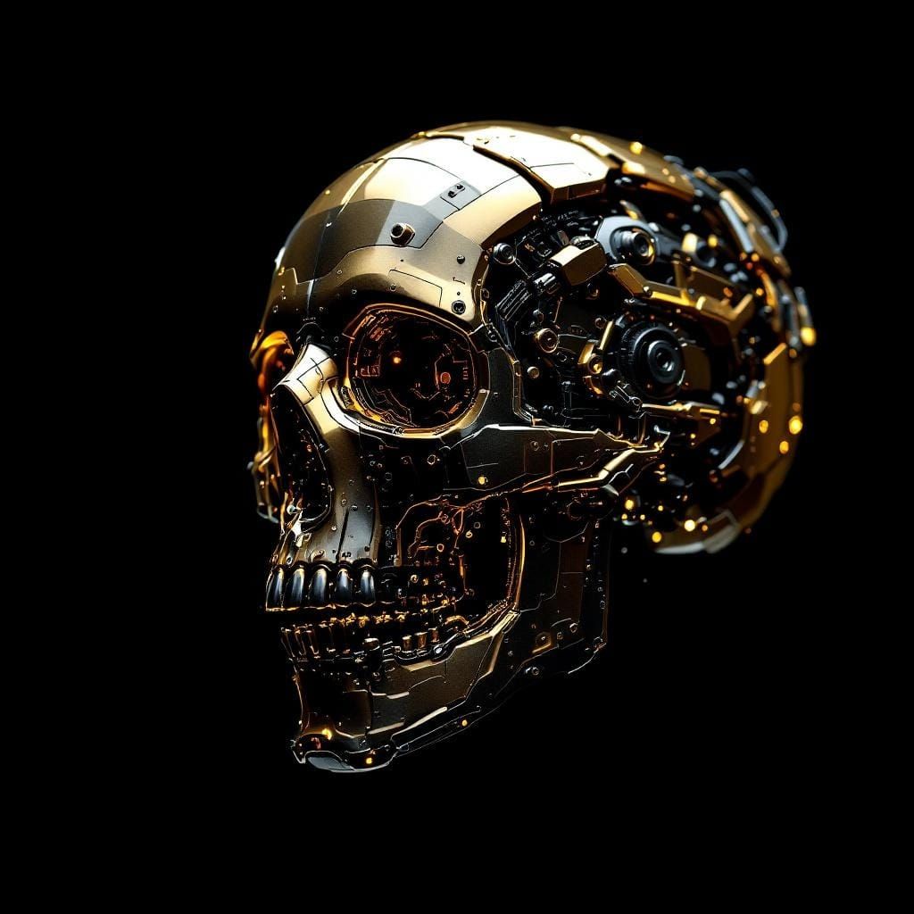 Biomechanical Skull in Void: Cyberpunk Metallic Art