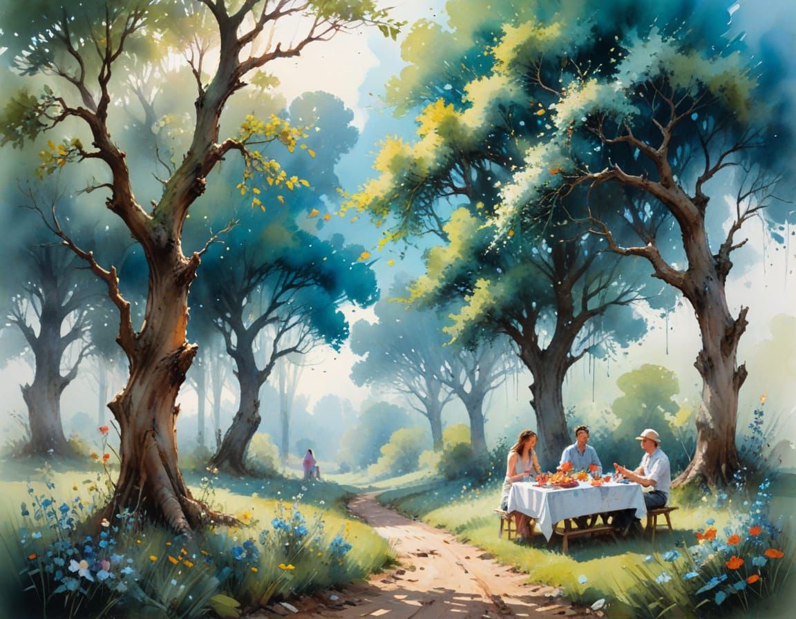Orchard Gathering: Watercolour Painting in Blended Styles