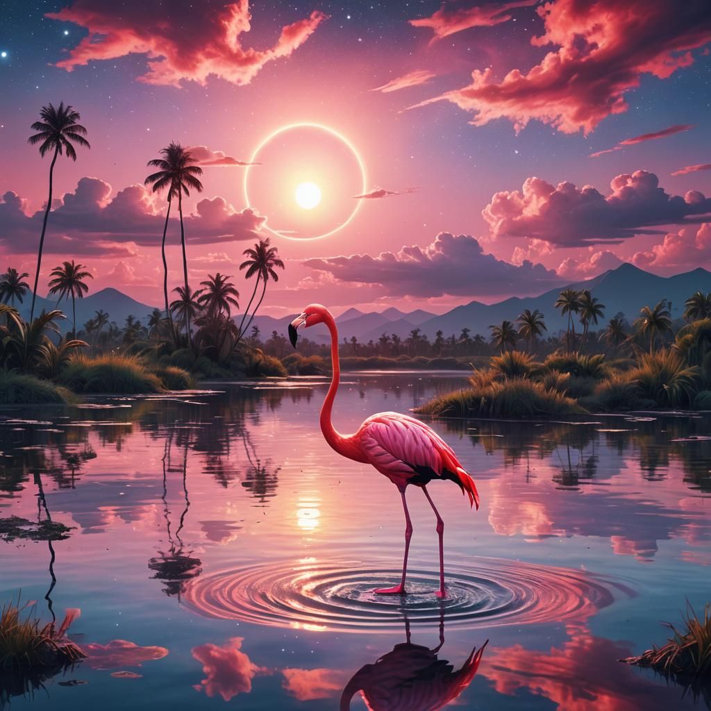 Pink Flamingo at Sunset: Holographic Cosmic Illustration