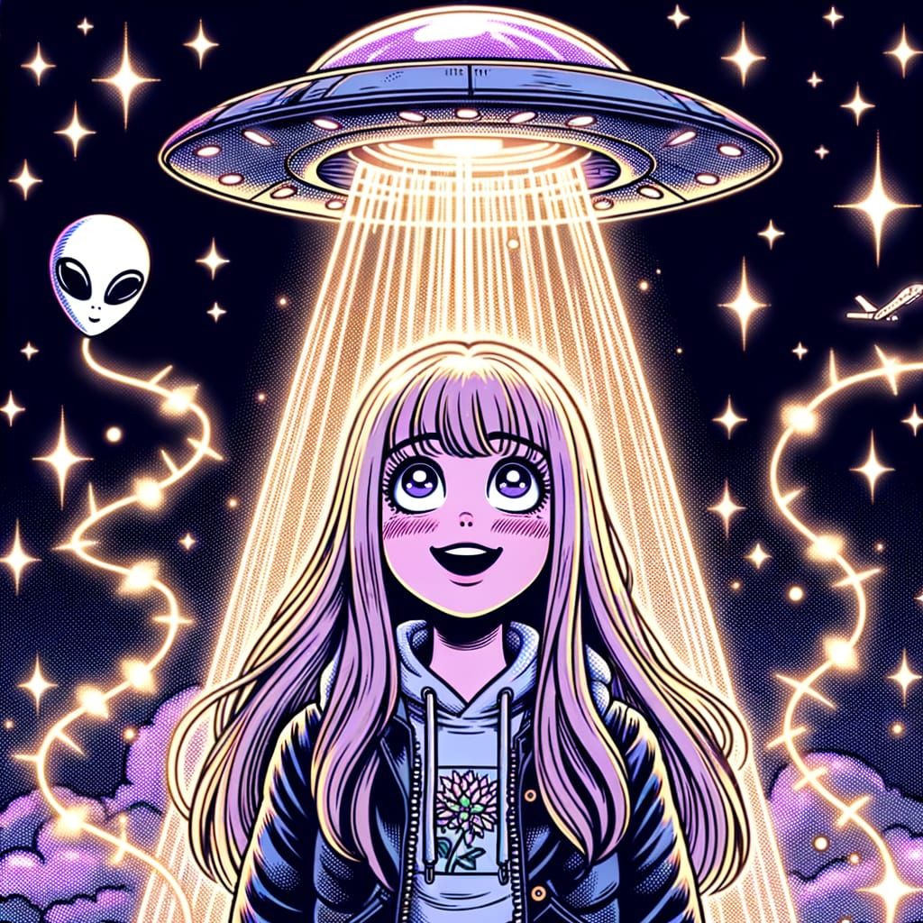 Girl Abducted by Aliens in Retro Comic Style