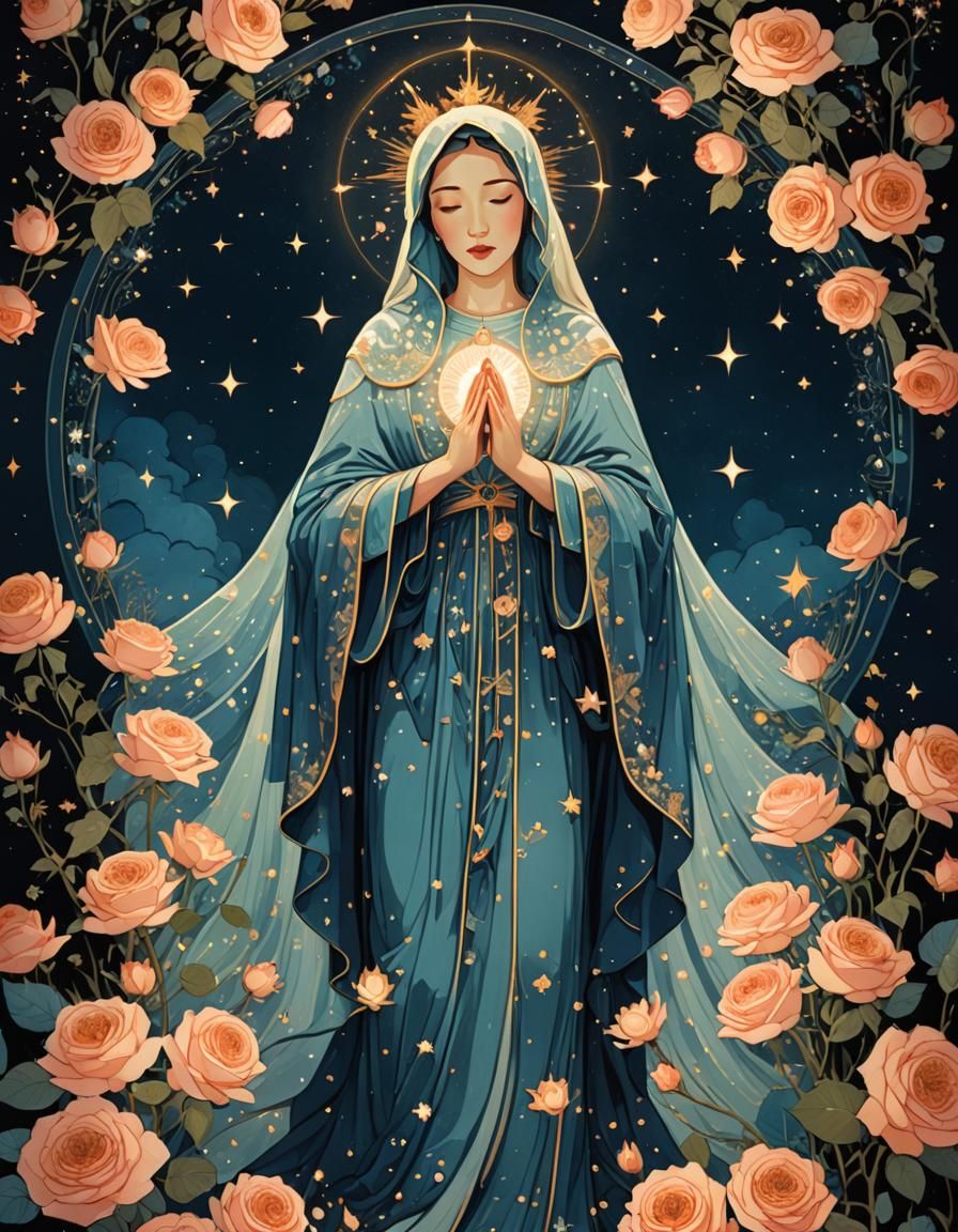 Luminous Mother Mary Portrait in Victo Ngai Style