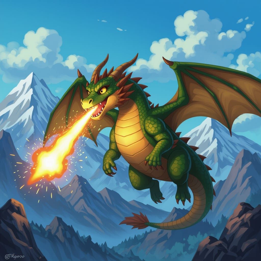 Surprised Dragon Hiccups Colorful Sparks Over Mountains