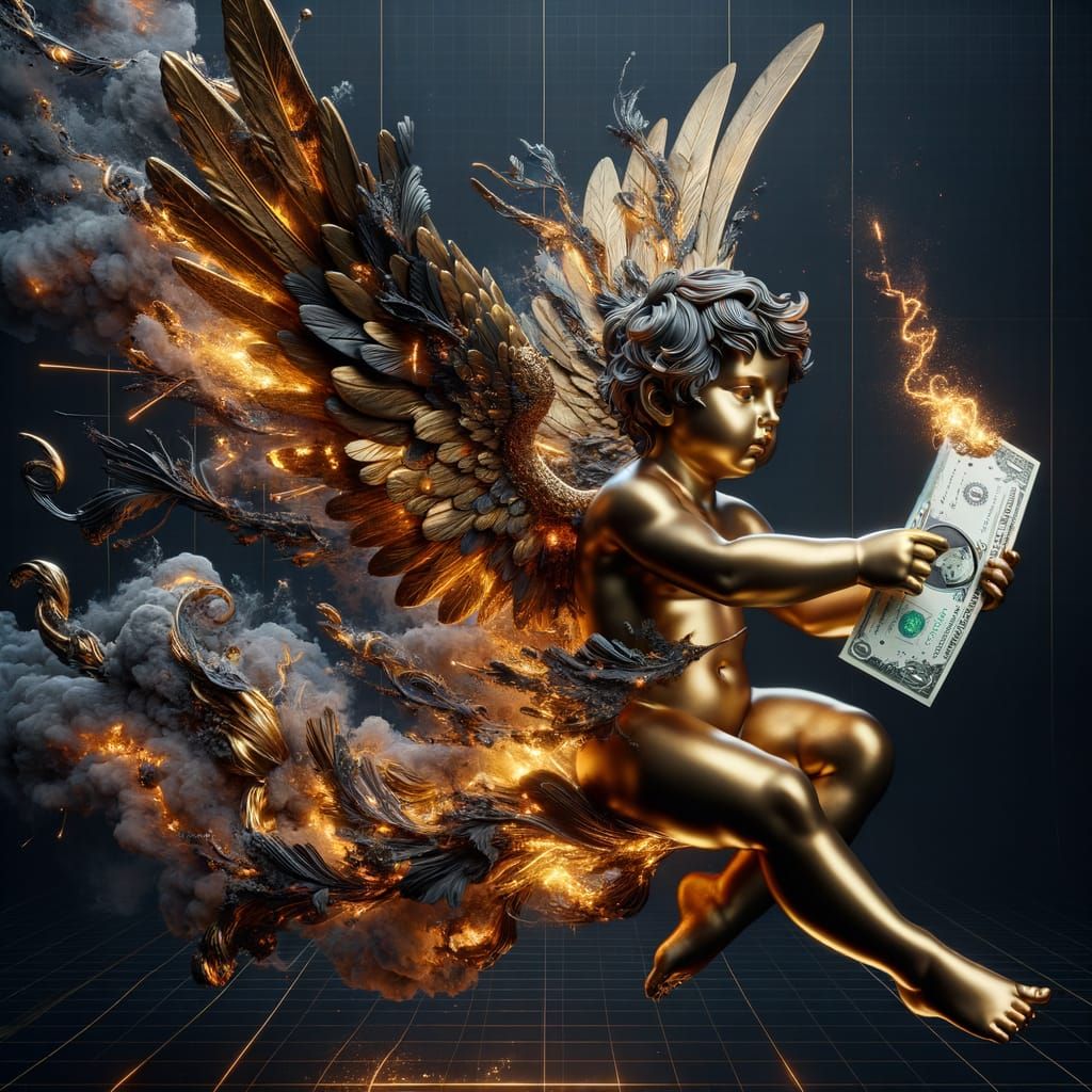 Bronze Cherub Statue with Ornate Mask, Opulence and Power