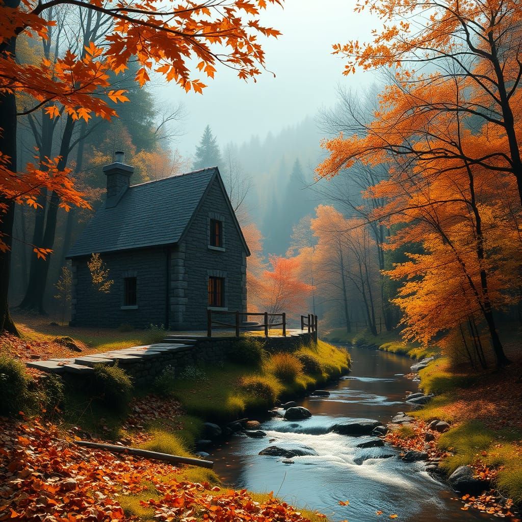 Autumnal Stone House by Stream in Digital Painting Style