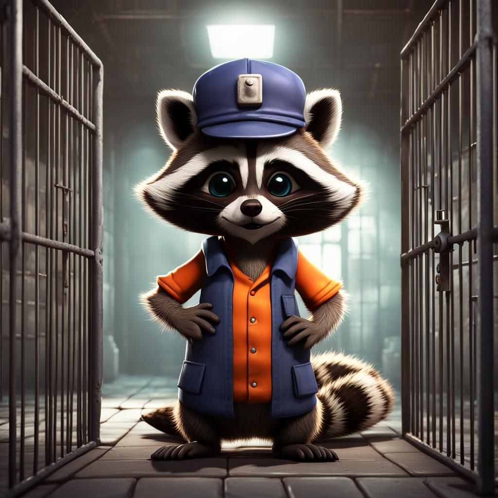 Cartoon Raccoon Imprisoned: Detailed Matte Painting