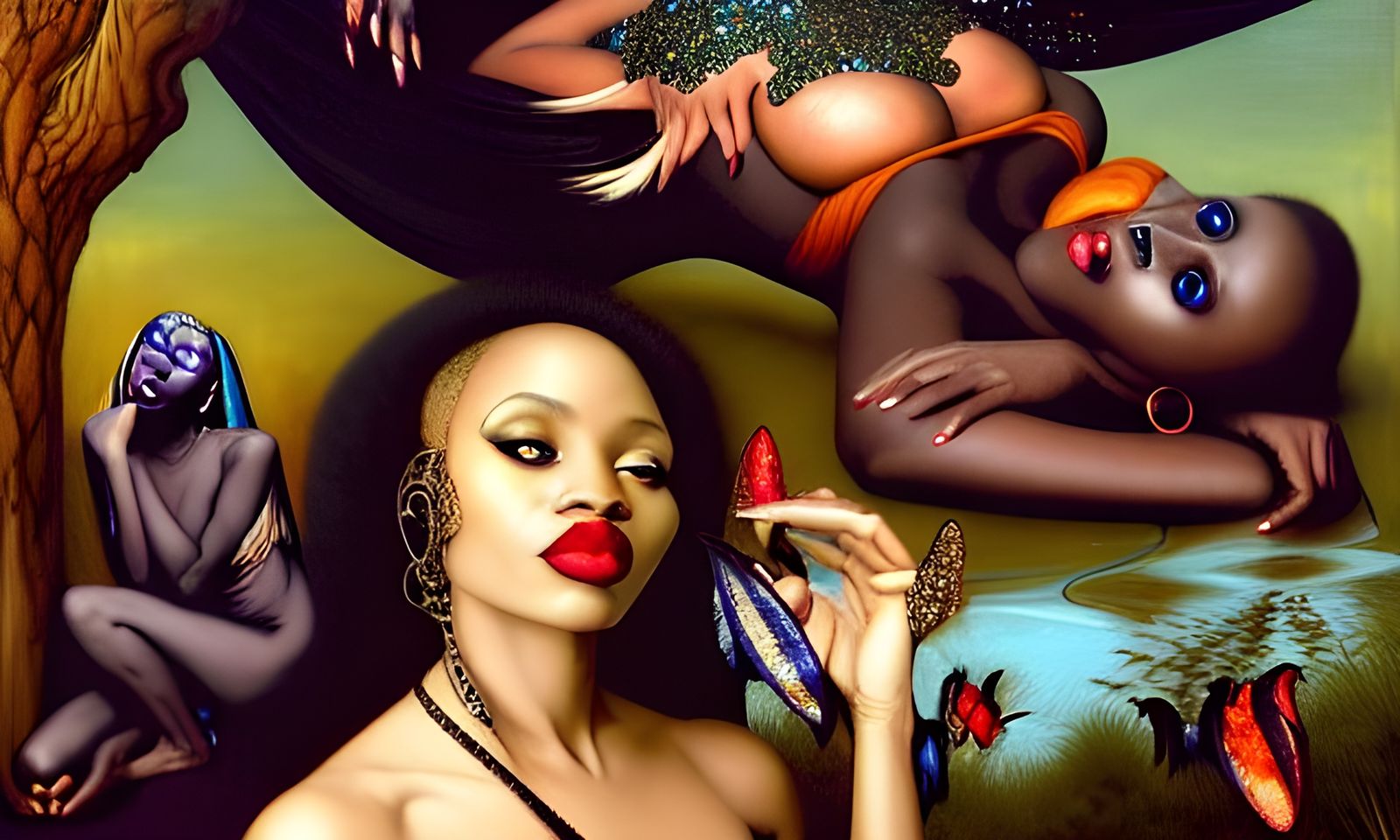 African Women and Bats: Maximalist Matte Painting