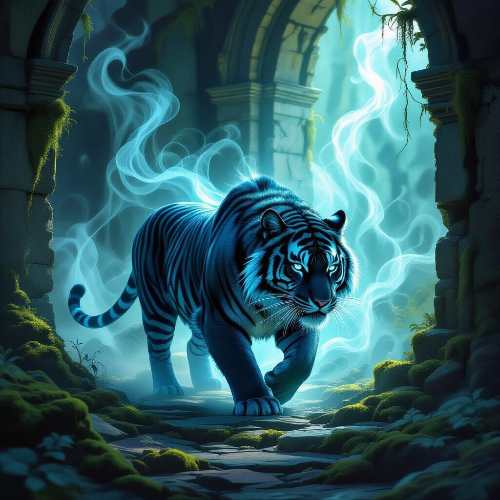 Tiger with Spectral Markings in Ancient Ruin