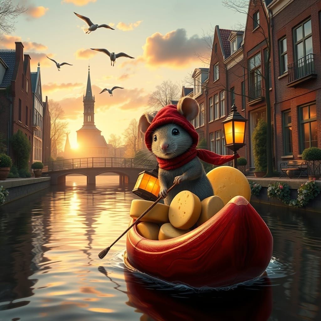 Whimsical Dutch Mouse in Velvet Hat Rides Lantern Clog Down ...