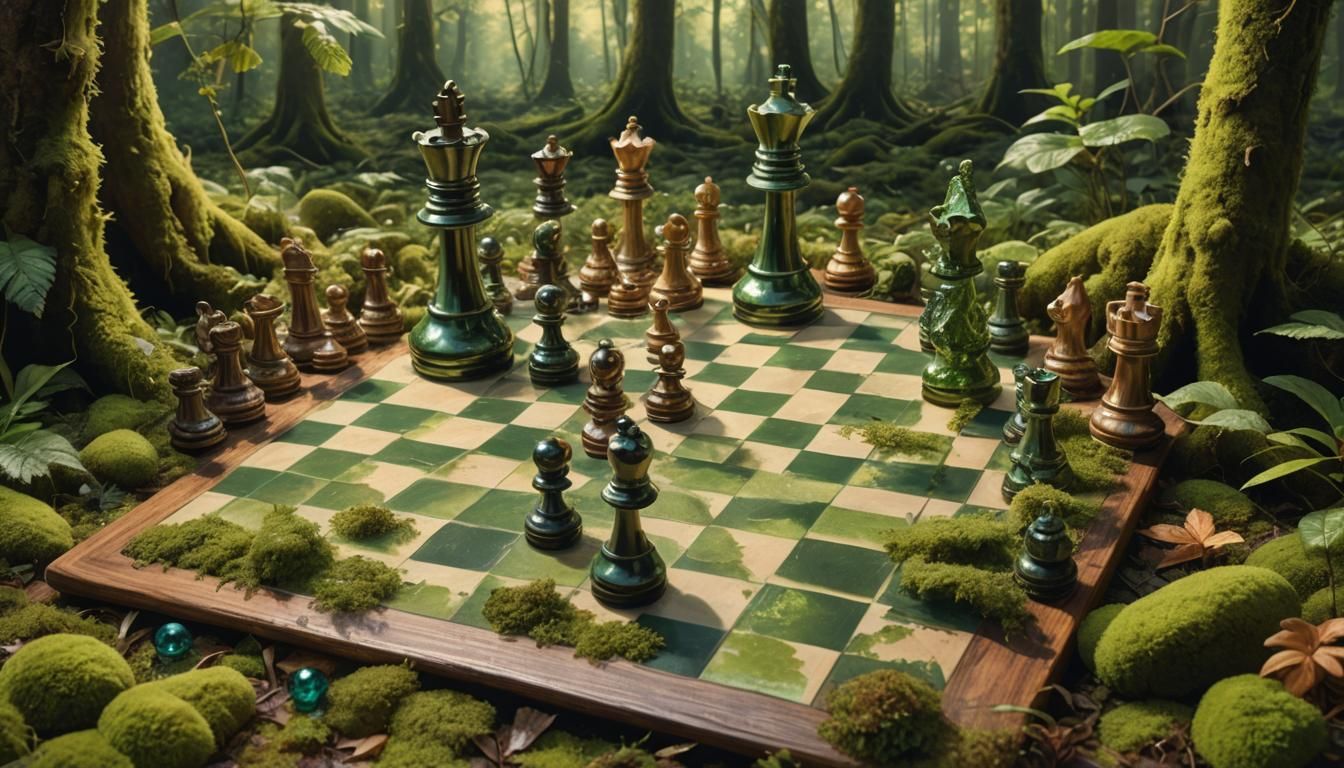 Hyperrealistic Chess Still Life with Peridot Crystals