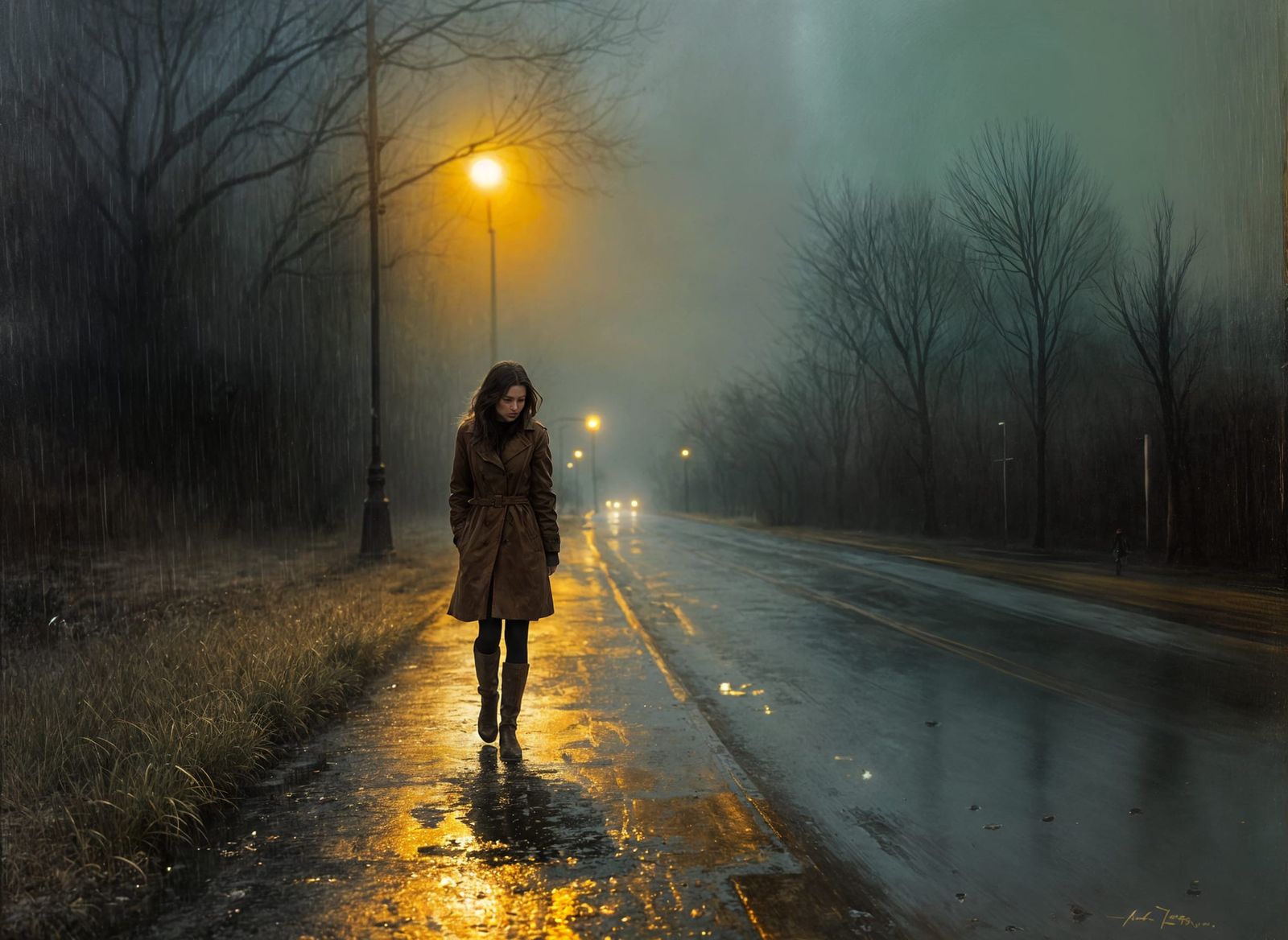 Figure Lost in Thought on Rainy Street at Dusk