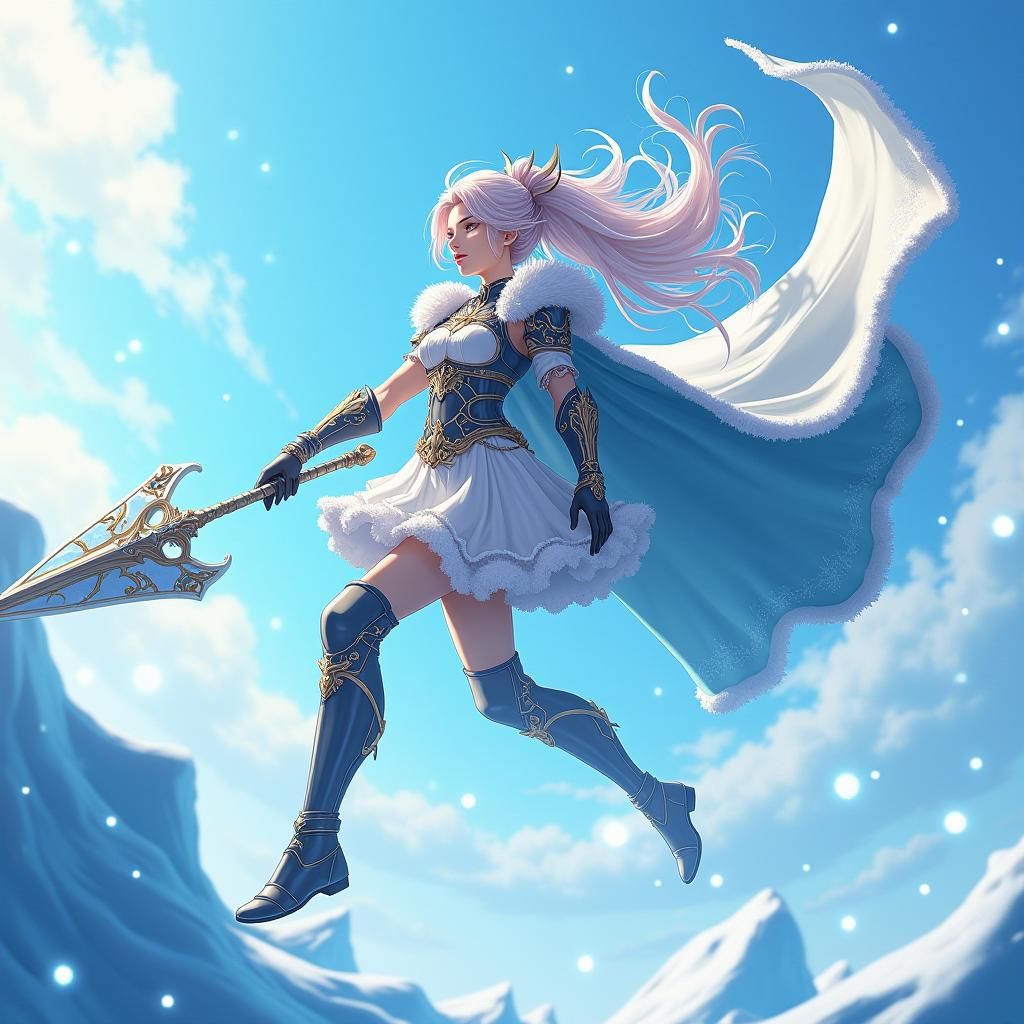 Winged Warrior Over Frozen Sea: Anime 3D Art