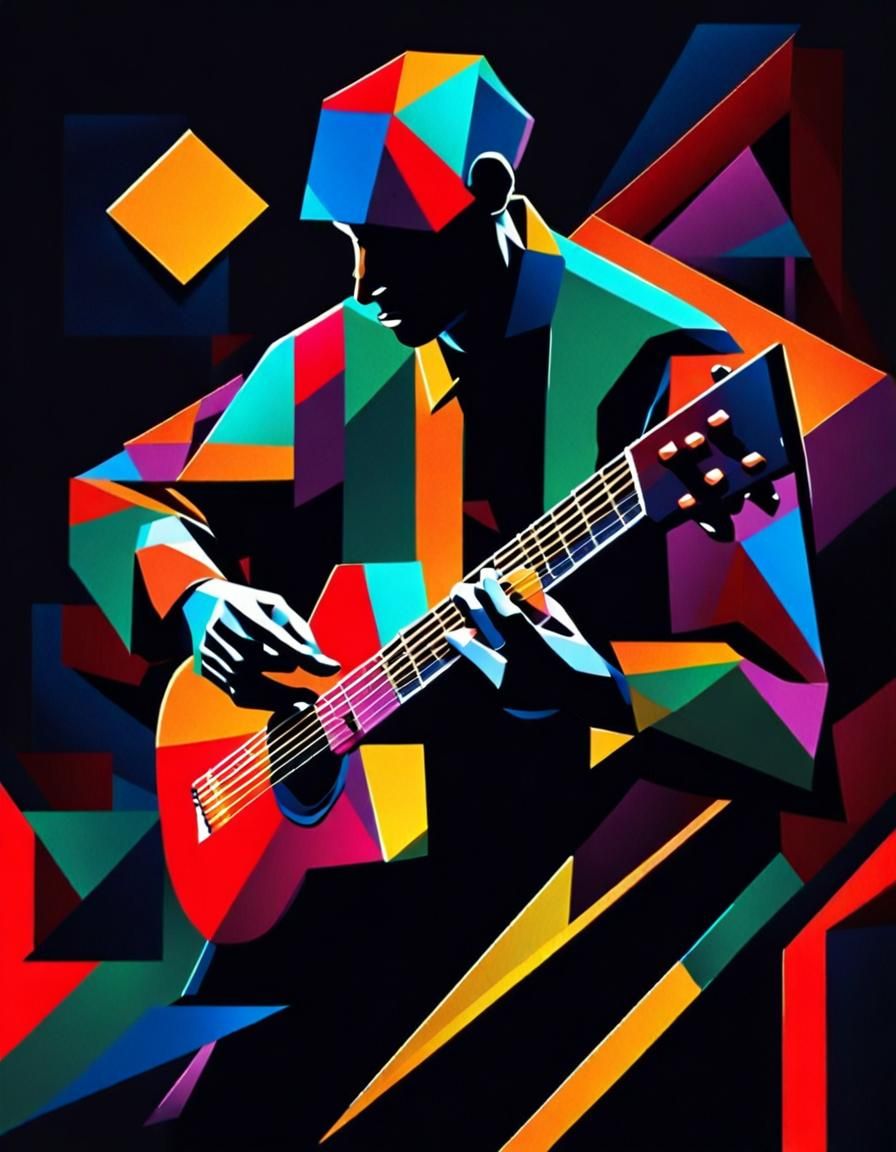 Geometric Guitar Player in Abstract Art Deco Style