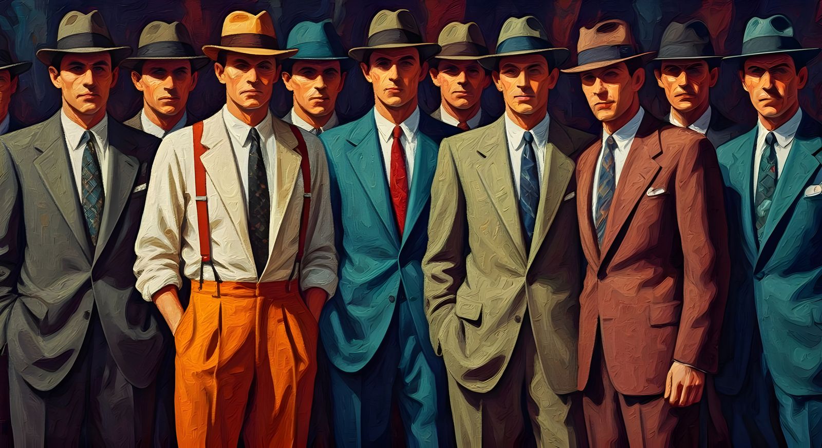 Men in 1950s Fashion: A Neo-Impressionistic Oil Painting